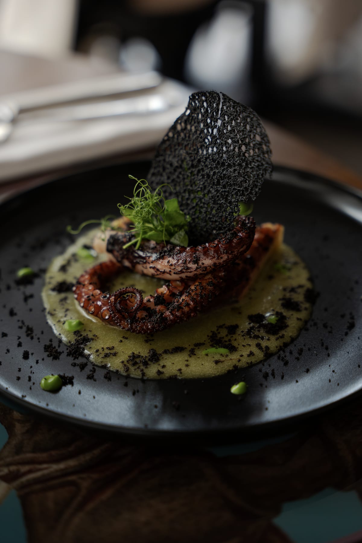 Octopus with a crisp black wafer on a black plate